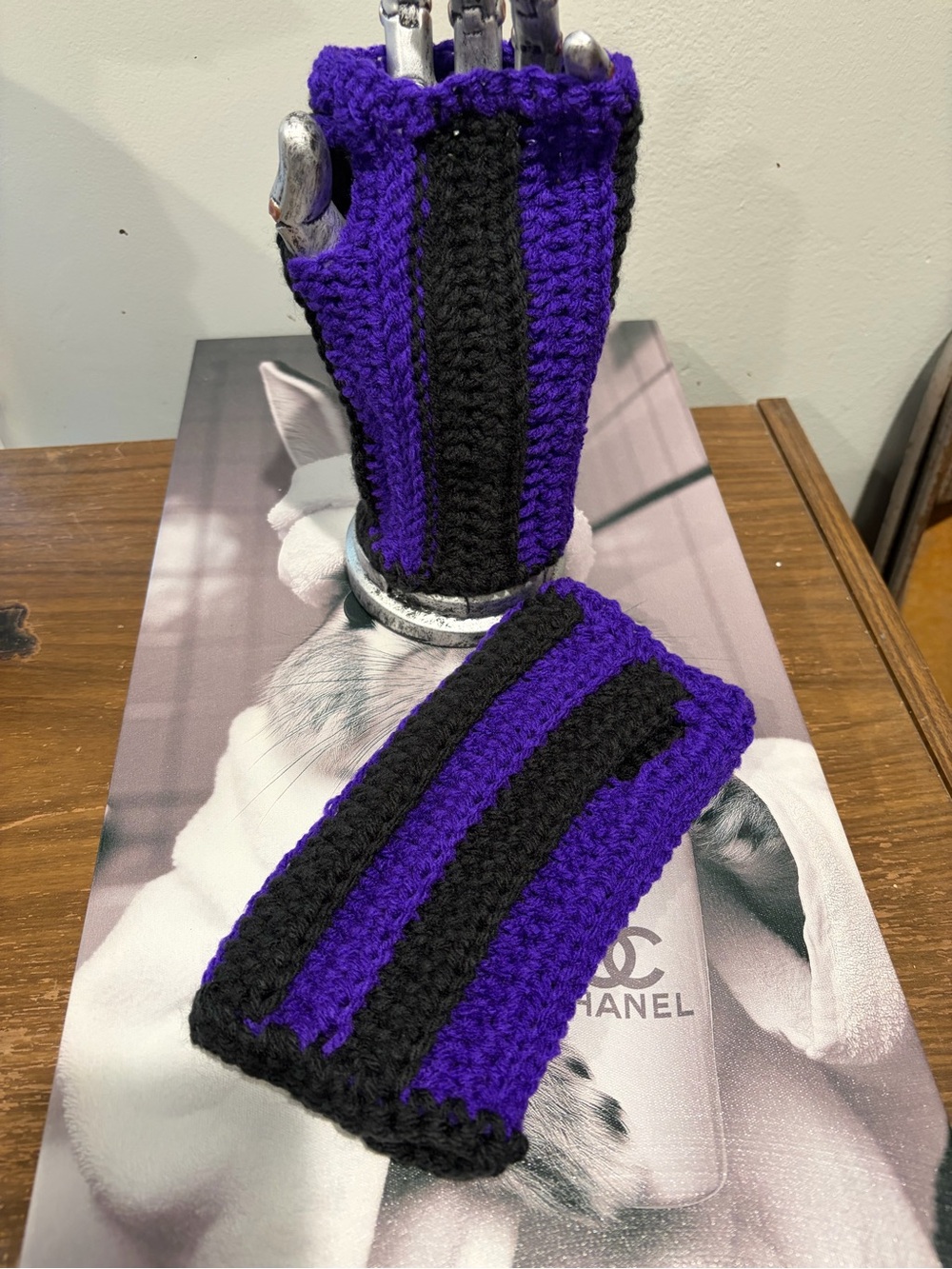Handmade Crochet Fingerless Gloves | Purple & Black Striped - Picture 3 of 4
